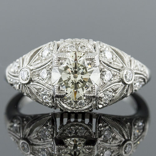 078D-1 Art Nouveau Pave set diamond floral and open grillework motif platinum engagement ring semi mount