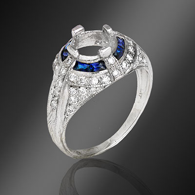 040E-4 Antique reproduction French cut square sapphire with round diamond domed top platinum semi mount