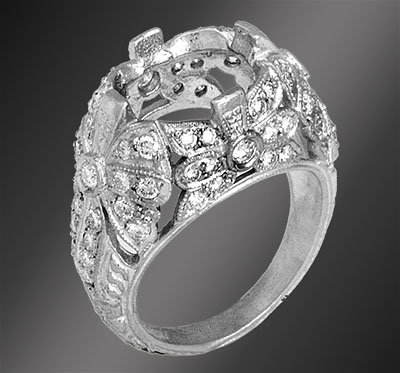 078C-1 Antique reproduction Micro Pave set diamond floral motif platinum semi mount