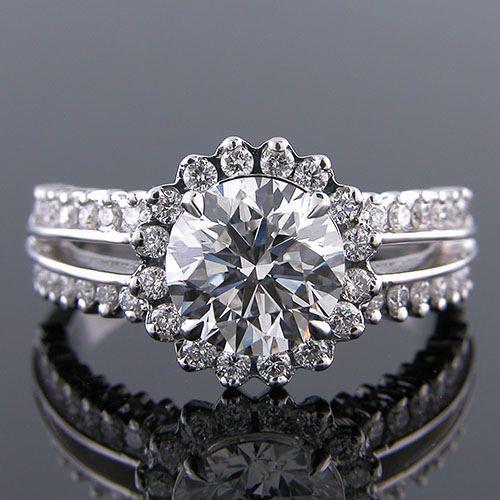 1182-1 Contemporary split shank prong-set diamond halo platinum engagement ring semi mount