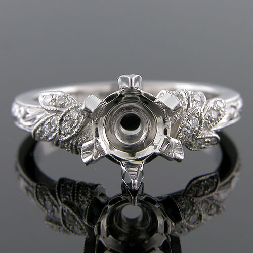 1184-1 Art Deco inspired Pave set diamond floral motif platinum engagement ring semi mount