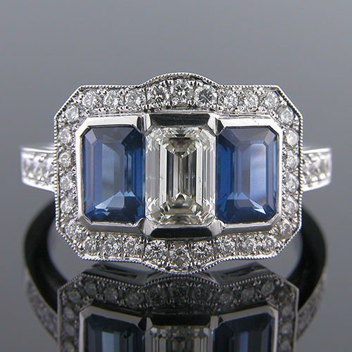 1190-4 Art Deco rectangular sapphire and Pave set diamond platinum engagement ring semi mount