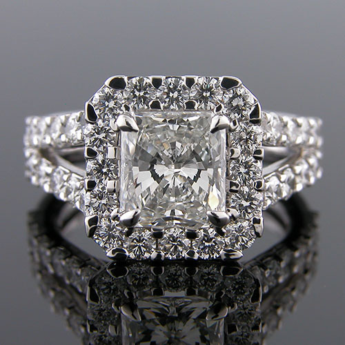 1251-1 Mid Century inspired groove set diamond halo platinum engagement ring semi mount