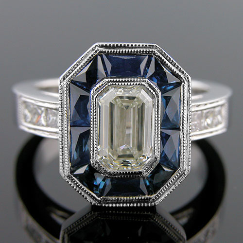 1326-4 Art Deco inspired fancy tapered baguette sapphire and Princess cut diamond platinum engagement ring semi mount