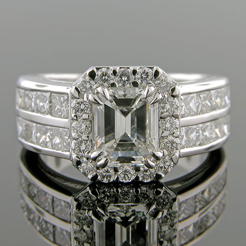 1333-1 Modern double row Princess cut diamond with grooved halo platinum engagement ring semi mount