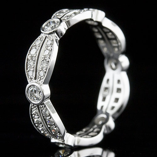 745-101P Art Deco-inspired Pave set and Bezel set diamond platinum alternating oval shaped wedding eternity band - Click Image to Close