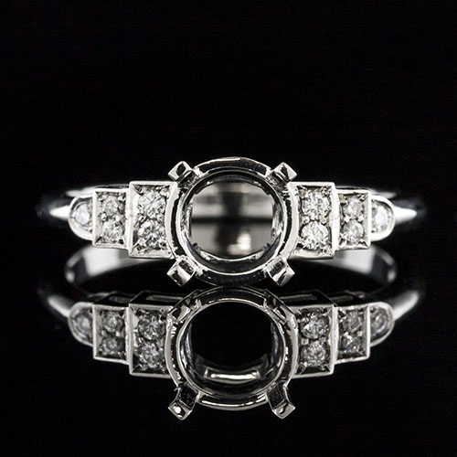 1605-1 Art Deco stepped 3-row Pave-set diamond platinum engagement ring semi mount