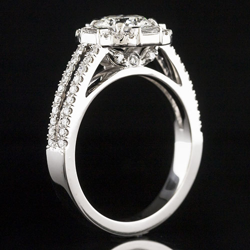 1638-1 Baguette and diamond Art Deco-inspired double shank halo platinum engagement ring semi mount