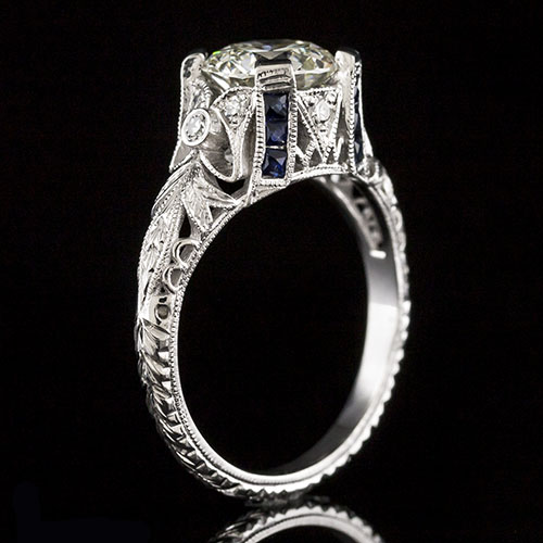 1652-4Edwardian-inspired French-cut sapphire & diamond platinum floral motif high set engagement ring semi mount
