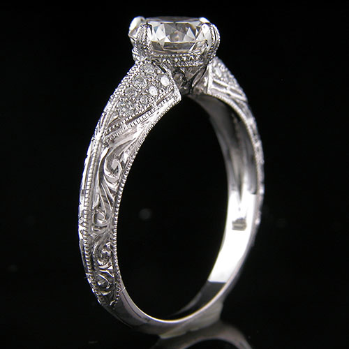 1278-1 Edwardian-inspired Micro Pave set diamond platinum engraved engagement ring semi mount