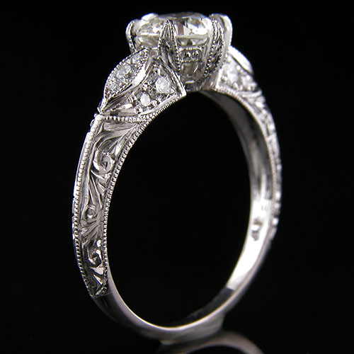 1279-1 Edwardian-inspired Pave set diamond with marquise feature platinum engraved engagement ring semi mount