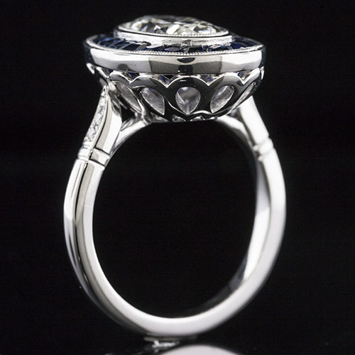 GS103-4 Incredible French cut tapered sapphire double halo floral basket engagement ring semi mount
