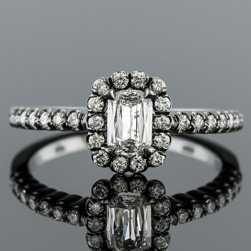 Lamore cut diamond with fishtail-set diamond halo 18K blackened white gold engagement ring 1158RF06 Lamore cut diamond with fishtail-set diamond halo 18K blackened white gold engagement ring 1158RF06