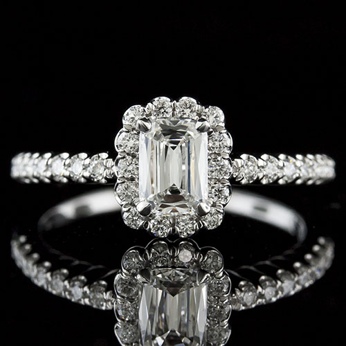 Lamore cut diamond with fishtail-set diamond halo 18K white gold engagement ring 1158RF08 Lamore cut diamond with fishtail-set diamond halo 18K white gold engagement ring 1158RF08