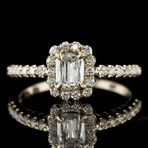 Lamore cut diamond with fishtail-set diamond halo 18K yellow gold engagement ring 1158RF05 Lamore cut diamond with fishtail-set diamond halo 18K yellow gold engagement ring 1158RF05