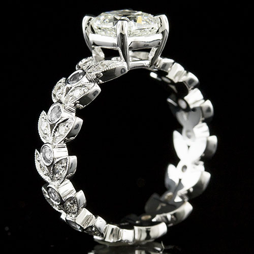 1428-1 Leaf motif Vintage-inspired Pave set and bezel set diamond platinum engagement ring semi mount