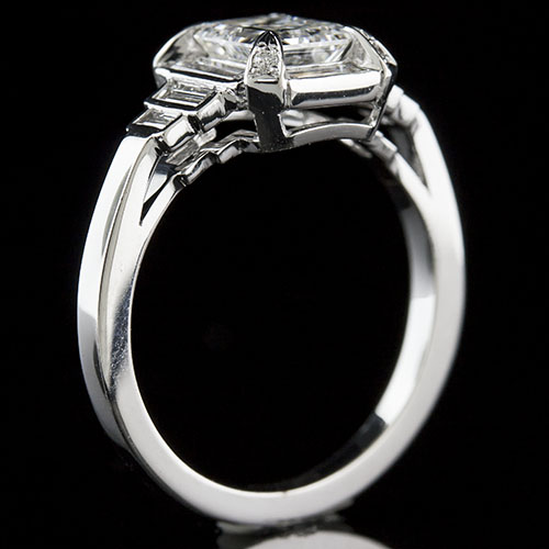 Modern Vintage inspired fancy baguette diamond halo and baguette sides platinum engagement ring semi mount 1417-1