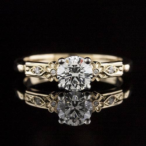 1637Y-1 Victorian-inspired floral motif diamond two-tone 18K gold engagement ring semi mount
