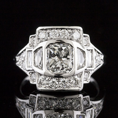 1640-1 Vintage inspired trapezoid diamond, baguette and round diamond platinum curved engagement ring semi mount