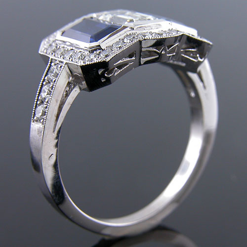 1190-4 Art Deco rectangular sapphire and Pave set diamond platinum engagement ring semi mount