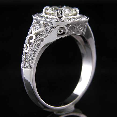 1197-1 Vintage inspired square diamond and Pave set diamond halo platinum split shank engagement ring semi mount