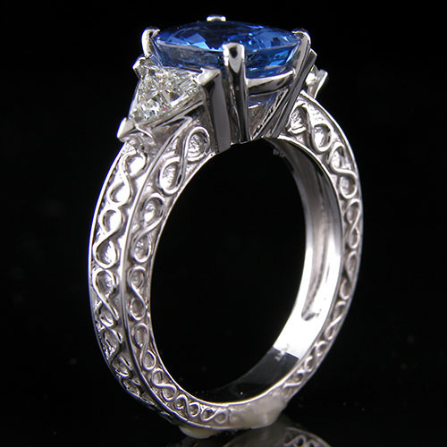 1269-1 Custom designed Vintage inspired trillion diamond platinum mount with fancy engraving