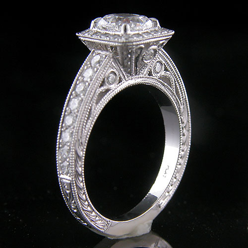 1271-1 Custom designed Vintage inspired Pave set diamond with bezel set diamond platinum mount