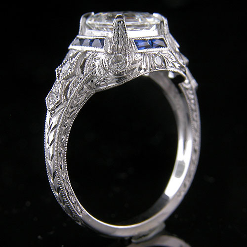 1276-4 Custom designed Vintage inspired French cut sapphire with diamond platinum semi mount engagement ring setting