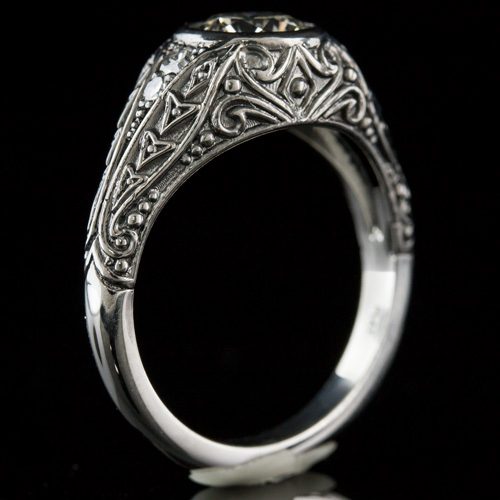 1316-1 Georgian-Napoleon Berlin Iron-inspired single cut diamond blackened platinum engagement ring semi mount