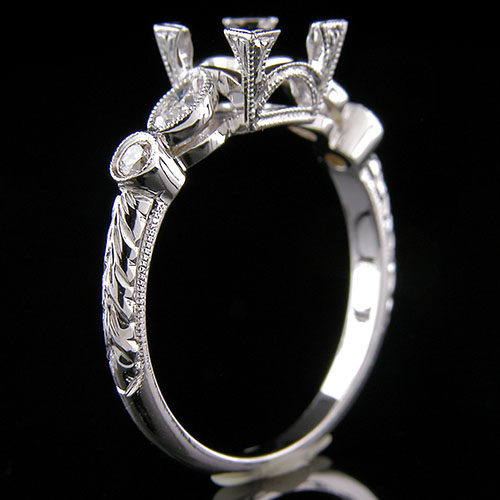 1317-1 Art Deco reproduction fancy marquise-shaped diamond and round diamond platinum engagement ring semi mount