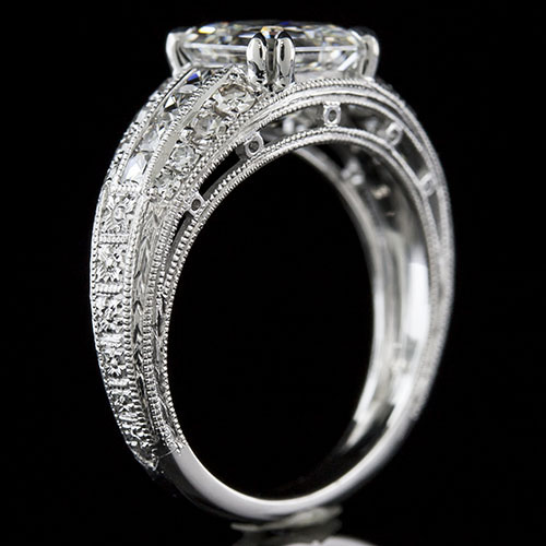 1415-1 Art Deco French cut diamond and Pave set diamond platinum hand engraved semi mount engagement ring