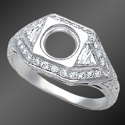 467-1 Art Deco French cut baguette diamond, fancy Trillion diamond and Pave set diamond platinum semi mount