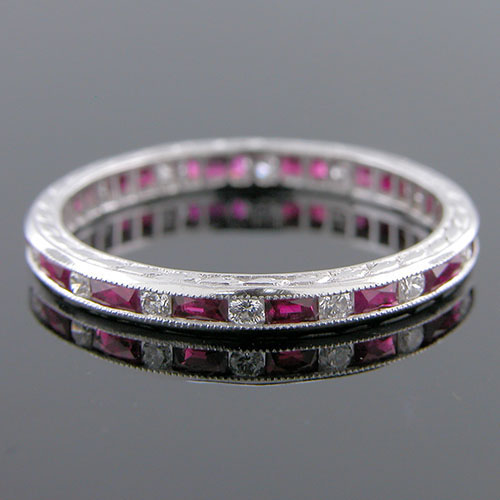 544B-320 Vintage inspired French cut baguette ruby and round diamond platinum wedding band