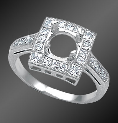857-1 Art Deco French cut diamond squares platinum semi mount