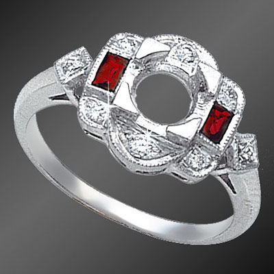 862-3 Vintage inspired French cut baguette ruby and round diamond platinum semi mount
