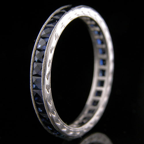 563-420 Antique inspired fancy French cut blue sapphire platinum wedding eternity band