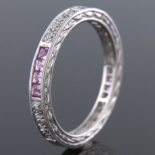 497-620 Antique inspired grouped French cut sapphire and white diamond platinum wedding eternity band