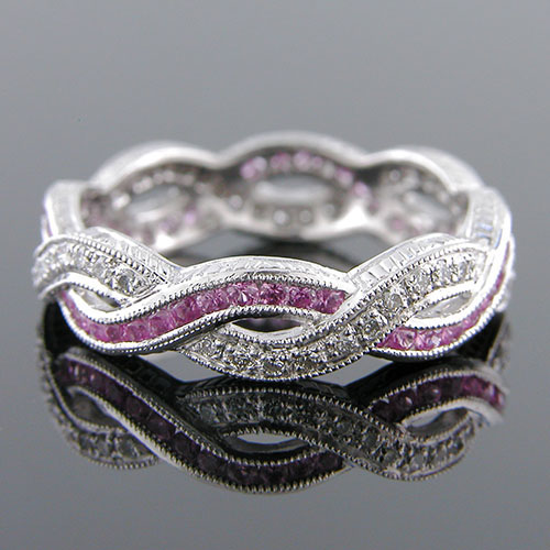 546-620 Antique inspired interwoven sapphire and Pave set white diamond platinum wedding eternity band