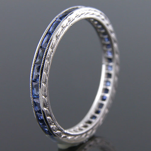 544-420 Antique inspired reproduction French cut sapphire baguettes platinum wedding eternity band