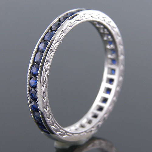 560-401 Antique inspired reproduction round blue sapphire platinum wedding eternity band