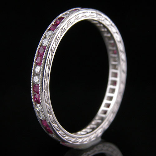 540-344 Antique reproduction 2 by 2 pattern ruby and diamond platinum wedding band with engraving