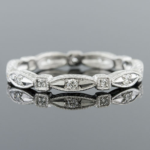 720-101 Antique reproduction Pave set diamond shaped platinum wedding eternity band with engraving