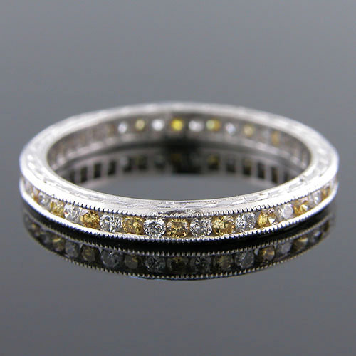 540-142 Antique reproduction alternating natural untreated yellow and white diamond platinum wedding band with engraving