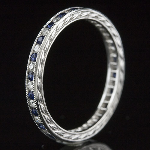 540-442 Antique reproduction alternating sapphire and diamond platinum wedding band with engraving - Click Image to Close