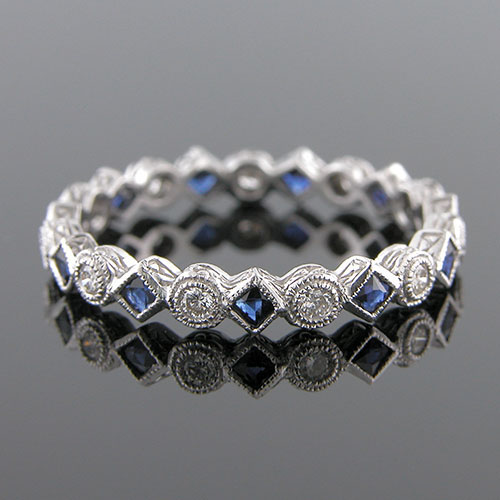 727-420 Antique reproduction fancy French cut sapphire with round diamond platinum wedding band with engraving