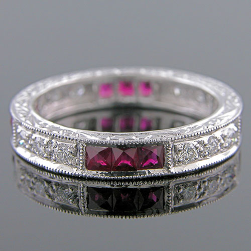 397-320 Antique reproduction grouped French cut ruby and white diamond platinum wedding eternity band
