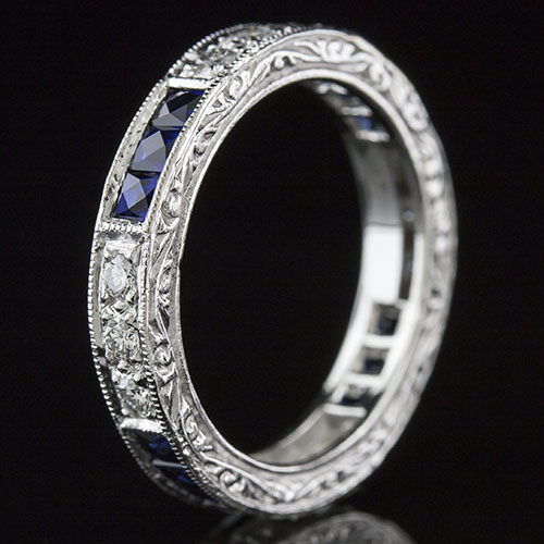 397-420 Antique reproduction grouped French cut sapphire and white diamond platinum wedding eternity band