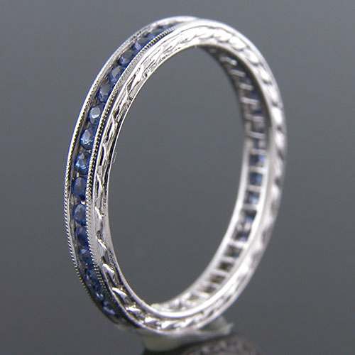 540-401 Antique reproduction round sapphire platinum wedding band with engraving - Click Image to Close