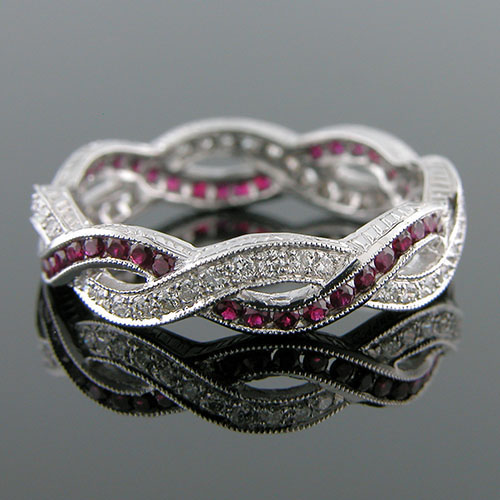 546-320 Antique reproduction sapphire and Pave diamond platinum interwoven wedding eternity band