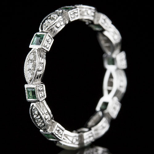 728-220 Antique reproduction square emerald with Micro Pave set diamond platinum eternity band